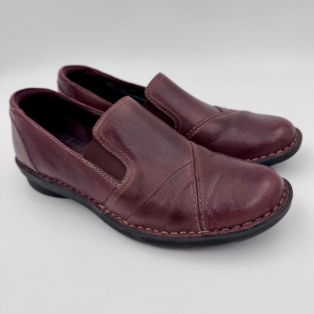EUC Clarks Bendables Womens 7M Brown‎ Leather Slip On Loafers Pleated Toe 83530